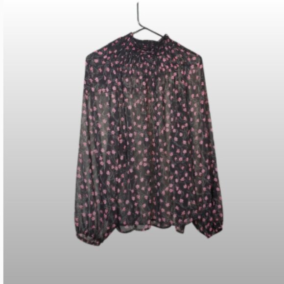 Elizabeth and James Women's Smocked Mock Neck Sheer Long Sleeve Floral Top XL - Picture 2 of 14